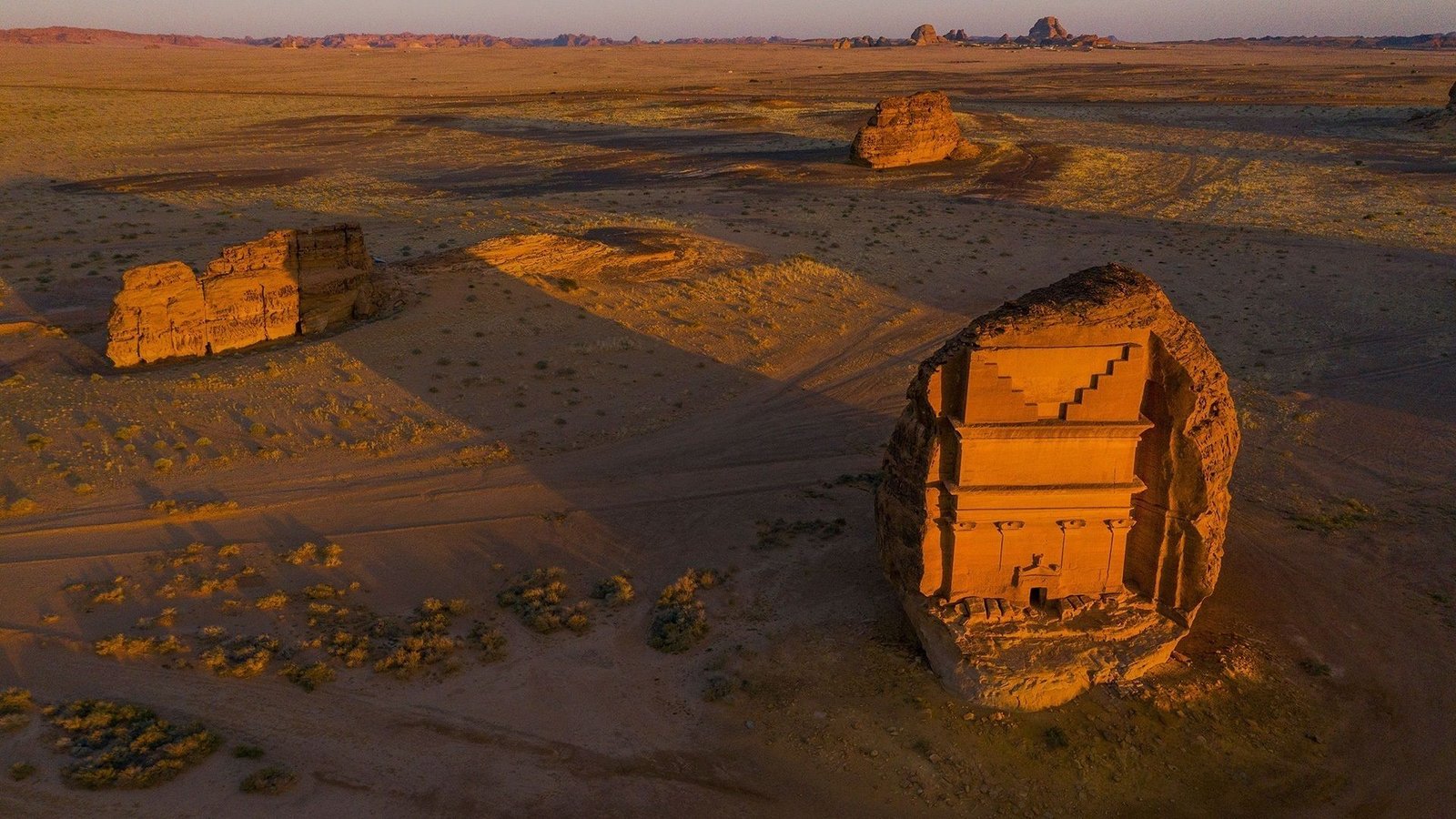 Historic rock landscape in Saudi Arabia at night